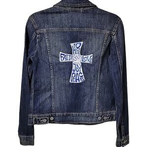 Levi's Trucker Denim Jean Jacket With Customized Patch On Back Womens Medium NWT